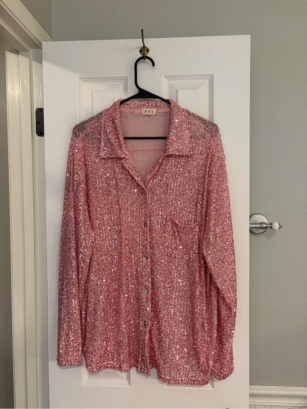 POL Pink Sequin Button Down Shirt Medium